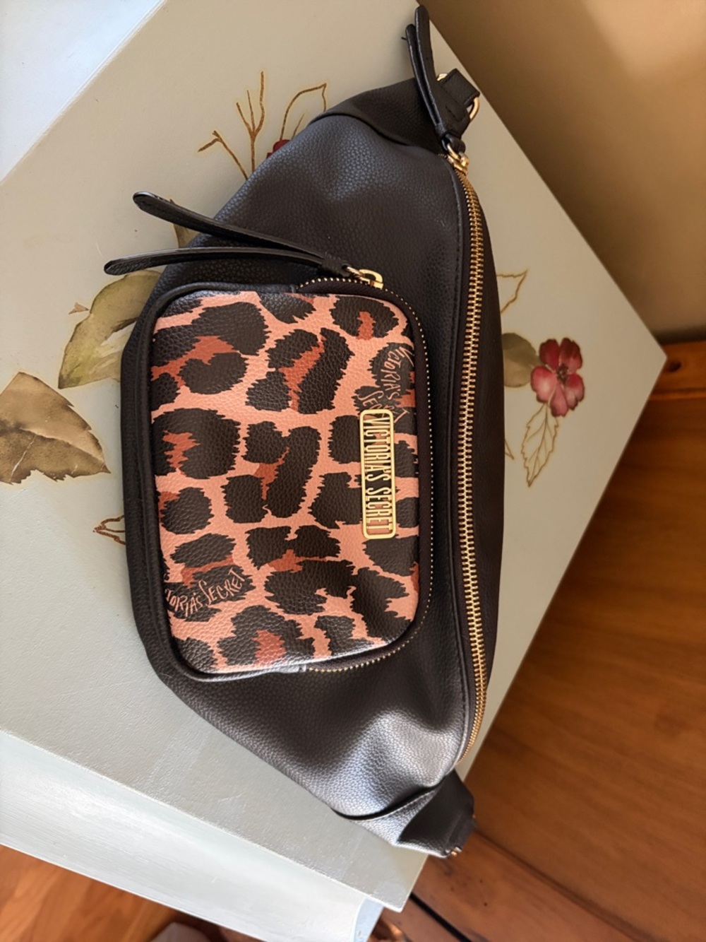 Victoria's Secret Fanny Pack Black Belt Bag with Leopard Front Pocket